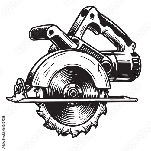 Detailed black and white circular saw illustration for woodworking and carpentry projects