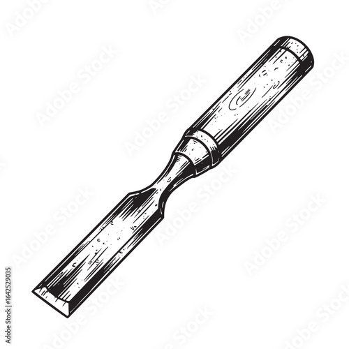 Detailed black and white hand drawn illustration of a chisel on a plain white background