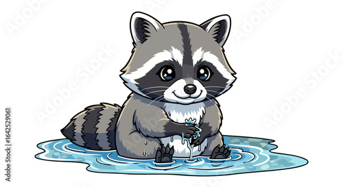 adorable baby raccoon playing in water cute cartoon illustration