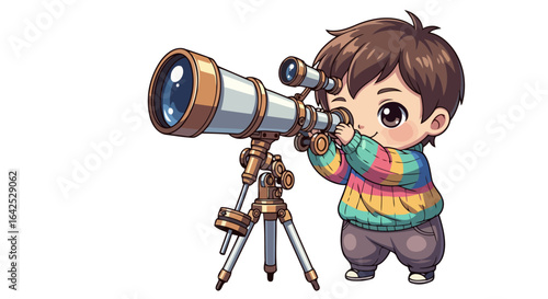 curious child exploring the universe with a vintage telescope