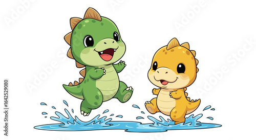 playful baby dinosaurs splashing in puddle joyful childrens illustration