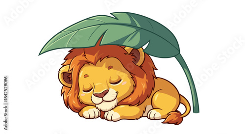 adorable baby lion cub napping under a tropical leaf