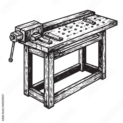 Detailed black and white illustration of a classic carpenter's workbench and vice