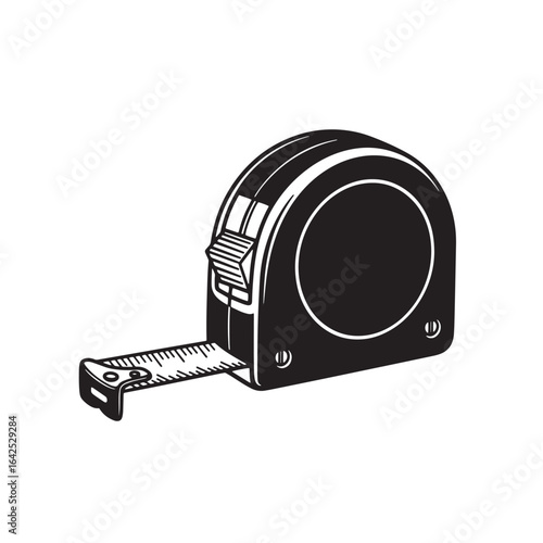 Detailed black and white illustration of a classic tape measure on a clean white background