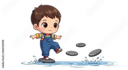 happy child skipping stones joyful childhood fun illustration