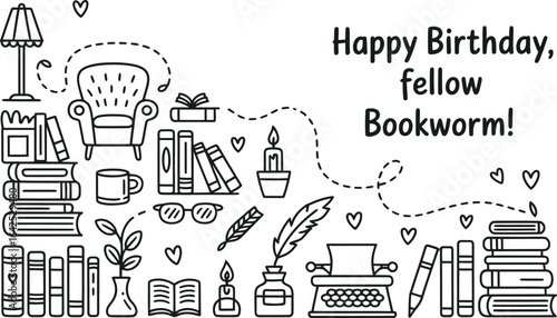 Happy Birthday Bookworm Doodle Art books reading