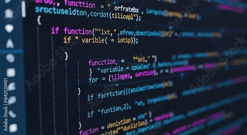 Close up view of computer code on a screen with syntax highlighting and dark background color