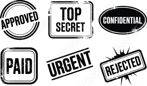 Set of six black grunge rubber stamps with text Keywords: approved, top secret, confidential