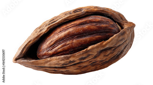 Cocoa pod with open shell revealing rich brown cocoa bean. isolated on transparent background cutout