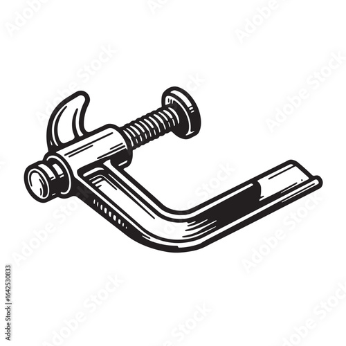Detailed black and white illustration of a vintage c clamp tool used for woodworking and construction.