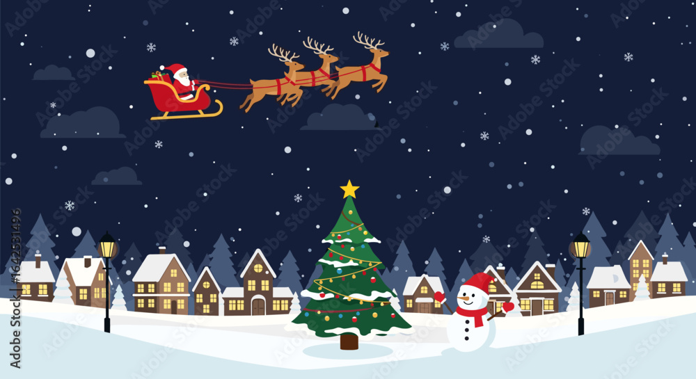 Naklejka premium Santa claus flying his sleigh through the winter night sky above a charming snow-covered village on christmas eve
