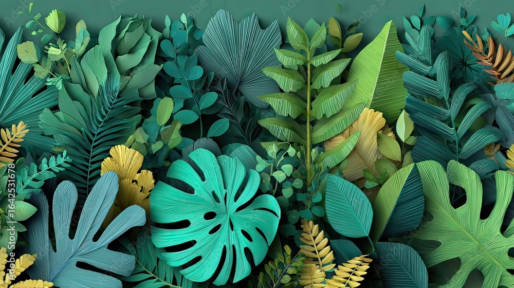 Obraz premium a vibrant display of artificial plants with varying shades of green. the foliage is densely packed and has naturalistic textures that mimic real plants