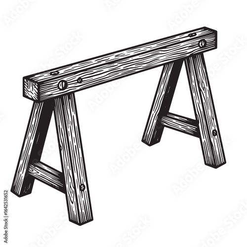 Detailed hand drawn illustration of a wooden sawhorse perfect for carpentry and construction work