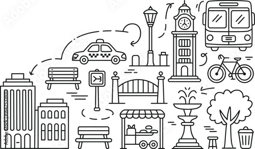 City life icons in a line art style urban transportation