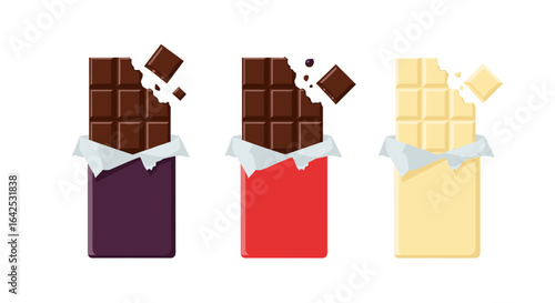 Three delicious chocolate bars with different flavors and open wrappers showing breaking pieces
