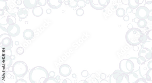 A whimsical border of translucent bubbles floating on a clean white background creating a delicate and airy frame
