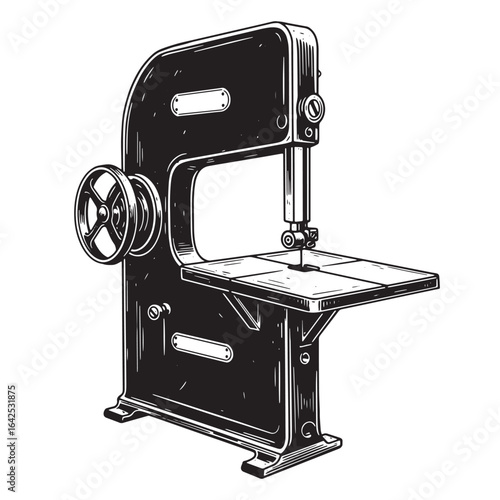 Detailed illustration of a vintage bandsaw machine for woodworking in retro style