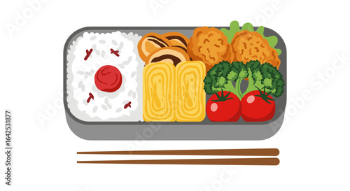 Delicious and healthy japanese bento box lunch meal with rice fried chicken tamagoyaki broccoli tomatoes and chopsticks