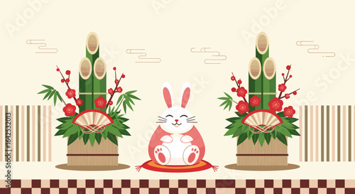 Charming bunny celebrating japanese new year with traditional decorations and festive atmosphere