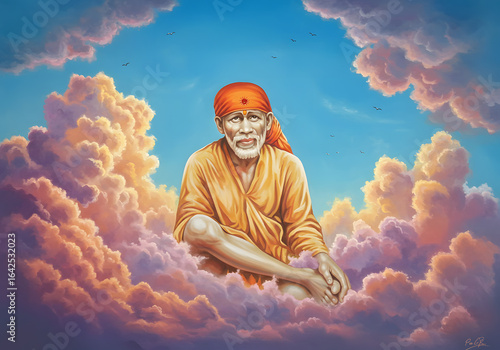 Artistic Painting of Sai Baba surrounded by Clouds - Religious Art, Spiritual Imagery.