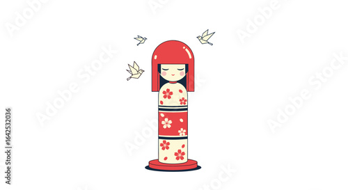 Charming japanese kokeshi doll artwork with whimsical birds and floral motifs in a peaceful setting