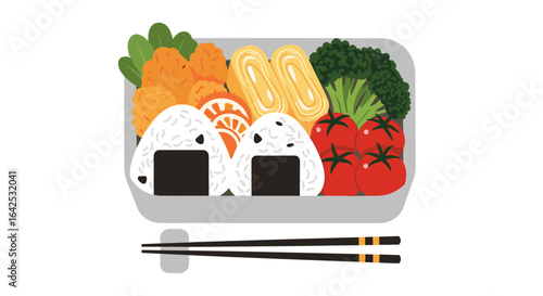 A delicious bento box lunch with onigiri tamagoyaki fried chicken broccoli and tomatoes with chopsticks