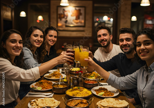 Friends Enjoying Indian Food, Cheers, Drinks, and a Restaurant Meal Together.