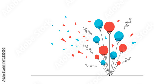 A vibrant celebration burst of red and blue balloons ascending with confetti and streamers flying gracefully against a clean white background