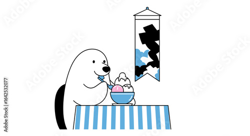 A delightful moment a polar bear enjoys a sweet treat of ice cream on a sunny day