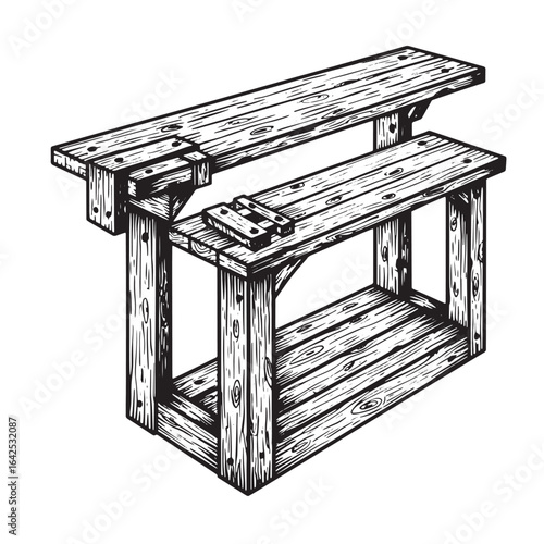 Detailed illustration of a vintage wooden woodworking bench and its construction design