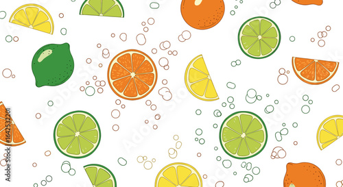 Vibrant refreshing citrus fruits and bubbles pattern background for summer drinks and beverages