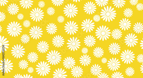 A cheerful pattern of white daisy flowers scattered across a bright sunny yellow background this image captures the essence of spring and summer.