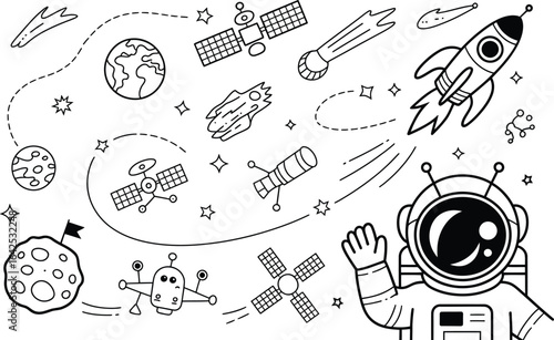 Space exploration doodle with astronaut and planets