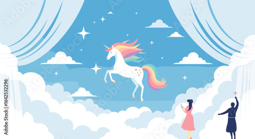 Magical unicorn appears in a dreamlike sky realm creating wonder and joy for onlookers