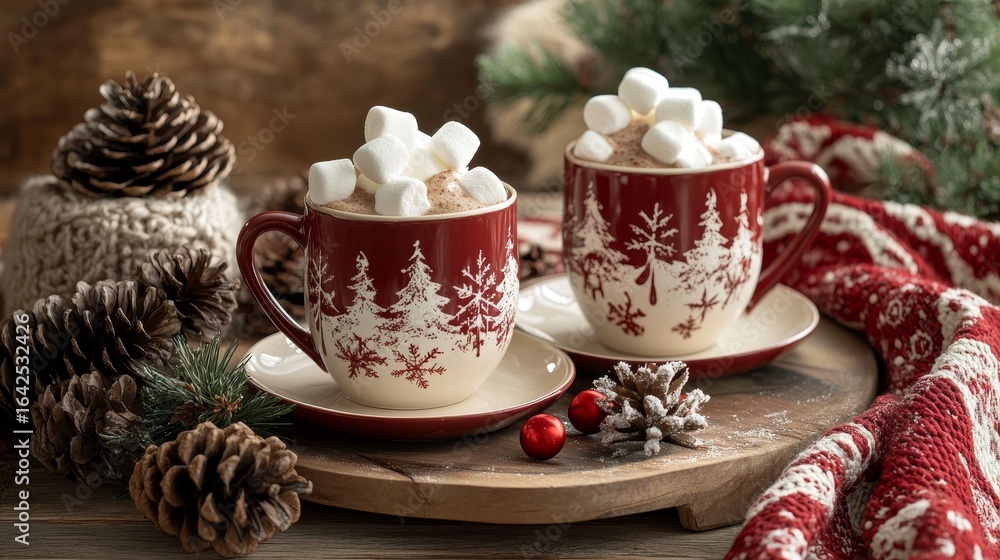 Fototapeta premium Mugs of hot cocoa with marshmallows surrounded by winter decorations, capturing the cozy spirit of the season.