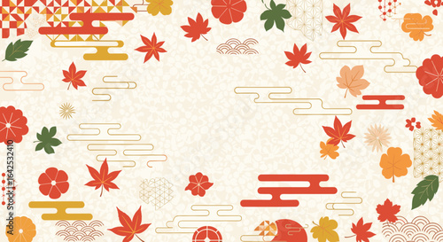 Japanese autumnal festival theme with maple leaves and traditional cloud patterns for seasonal decorations and celebrations