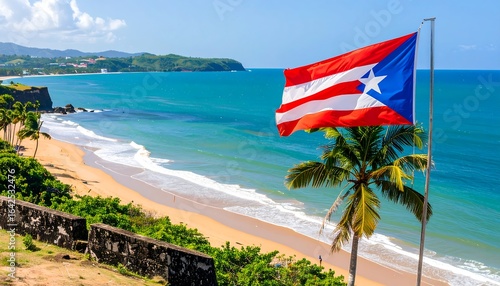Puerto Rican flag waves over beach