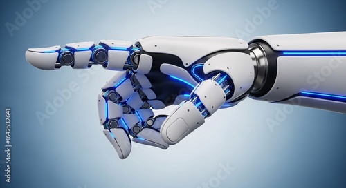 Close up of a white and black robot hand pointing to the left with blue glowing accents on a light blue background