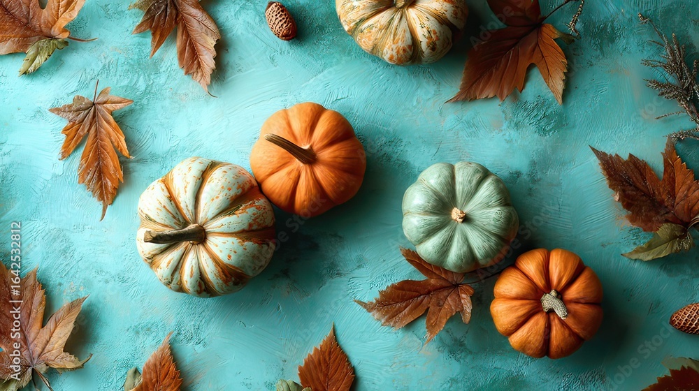 Fototapeta premium an autumnal scene with pumpkins and fall foliage arranged on a surface. there are four pumpkins of varying shades of orange and green, suggesting they might be of different varieties