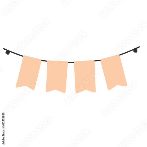 Minimalist pastel bunting garland with soft peach rectangular flags hanging on a black string for party or festive decoration.