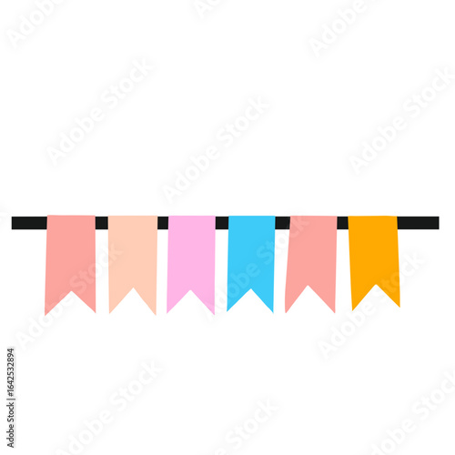 Pastel rectangular bunting garland with alternating pink, cream, and blue flags hanging from a black string for party decor.