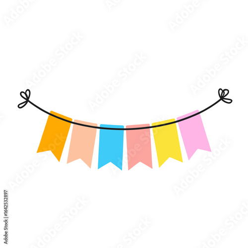 Multicolor triangular bunting string with vibrant pastel flags tied on both ends, perfect for party and celebration decorations.