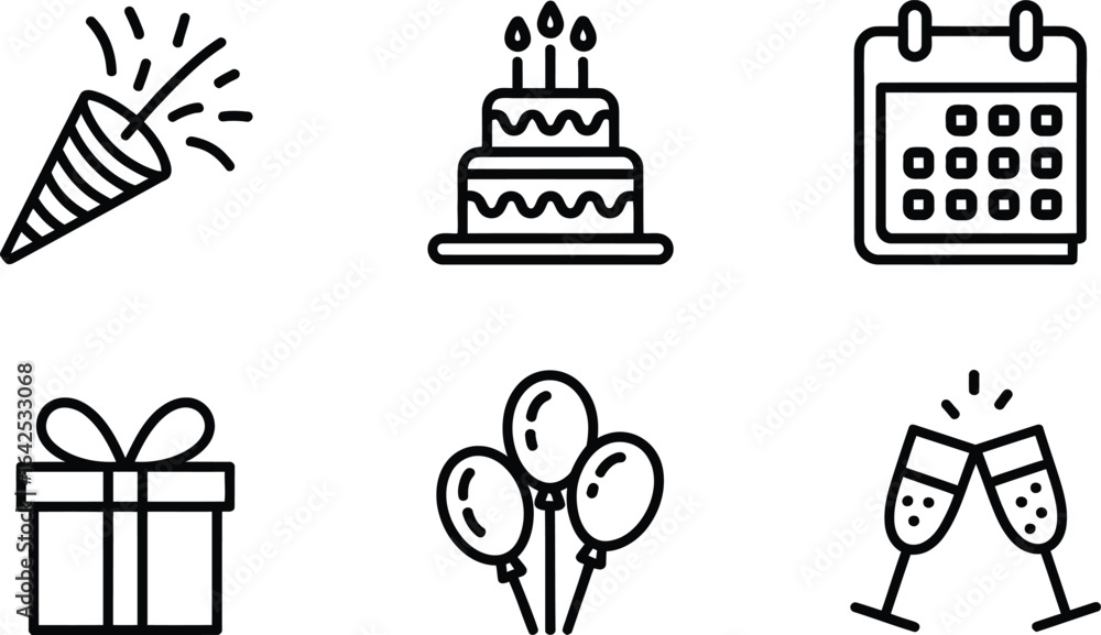 Naklejka premium Birthday celebration icons with party popper cake balloons gift and calendar Keywords: birthday