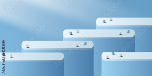 3D blue round product podium background with square wall tile scene. Abstract composition in minimalist design. Studio display showroom cosmetic product pedestal. modern design