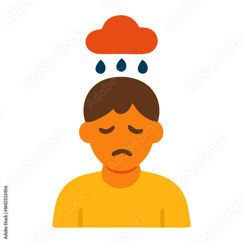 Illustration of a Sad Individual with a Cloud and Raindrops Symbolizing Mental Health Awareness