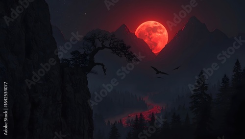 Ultradetailed Dark Fantasy Landscape at Night with Blood Moon and Shadowy Mountains