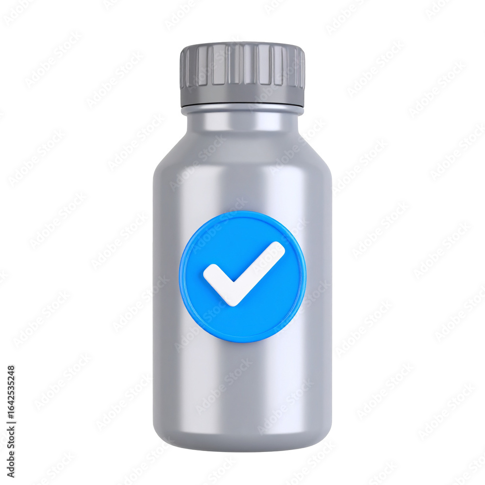 Fototapeta premium Silver bottle with blue check mark graphic