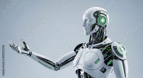 Close up of a futuristic humanoid robot with exposed wiring and glowing green accents posing in studio