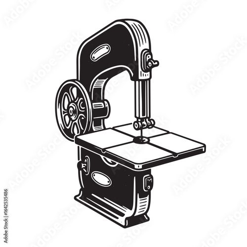 Vintage black and white band saw illustration showing a woodworking power tool