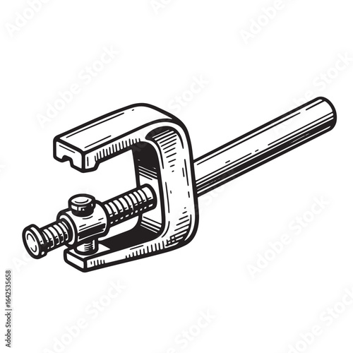 Vintage hand drawn illustration of a c clamp carpentry tool for construction and repairs.